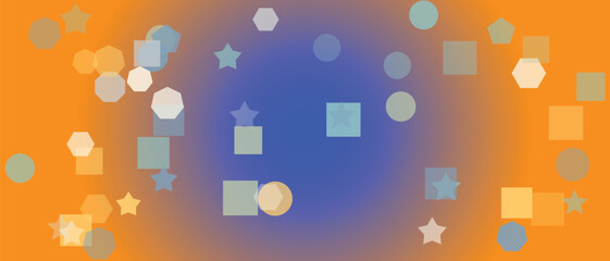 Abstract background with geometric shapes in orange and blue gradient showcasing modern design with circles stars squares and polygons for creative projects