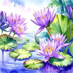 Watercolor lilies in a pond