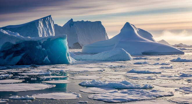 Breathtaking view of icebergs floating in the arctic waters under a colorful sky, creating a serene and majestic landscape of the frozen wilderness - Powered by Adobe