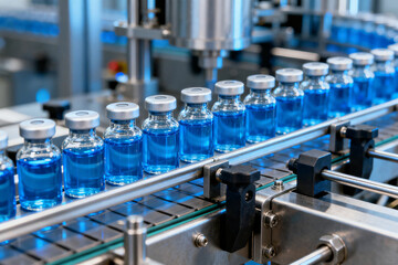 Vials with blue liquid on production line