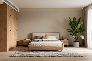 Modern bedroom interior with wooden furniture