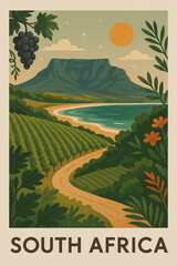 Naklejka premium Vintage style travel illustration of South Africa featuring iconic architecture, cozy streets and warm retro tones, detailed scenic composition perfect for tourism, wall art, posters, postcards