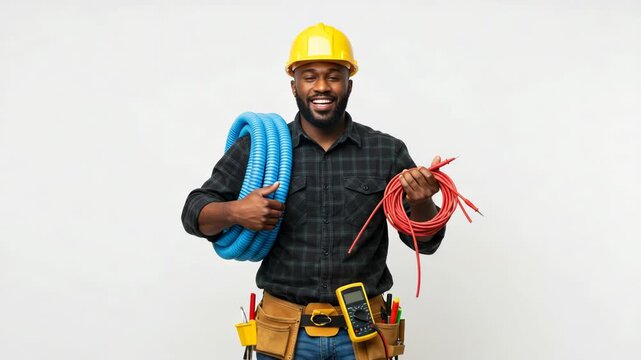 Electrician holding coiled wire and cable isolated on white background