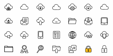 Dynamic collection of cloud computing icons for modern tech solutions, representing data storage, networking, and cybersecurity in a sleek, scalable vector design