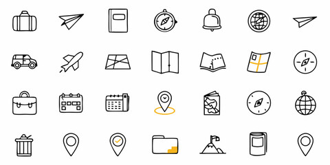 Essential travel icons for your next adventure, with luggage, maps, compasses, and transportation, perfect for travel blogs, guides and tourism materials