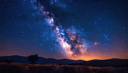 Fototapeta premium Vibrant Milky Way Over Golden Field and Silhouetted Hills at Night Glowing with Stars with Deep Blues Oranges and Purples