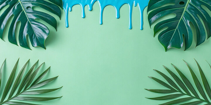 Green Paint Dripping Monstera Leaf, Creative Art Design Concept, Tropical Plant Paint Effect, Abstract Green Drip Art, Modern Artistic Leaf Photography, Creative Green Design Wallpaper, Tropical Art S