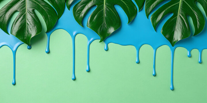 Green Paint Dripping Monstera Leaf, Creative Art Design Concept, Tropical Plant Paint Effect, Abstract Green Drip Art, Modern Artistic Leaf Photography, Creative Green Design Wallpaper, Tropical Art S