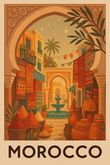 Fototapeta premium Vintage style travel illustration of Morocco featuring iconic architecture, cozy streets and warm retro tones, detailed scenic composition perfect for tourism, wall art, posters, postcards