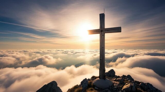 wooden cross stands on rocky mountain peak piercing sea of clouds below The sun blazes directly behind it casting golden light over the vast cloudy expanse and blue sky