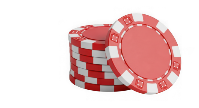 Stack of red and white poker chips isolated on transparent background, 3d rendering