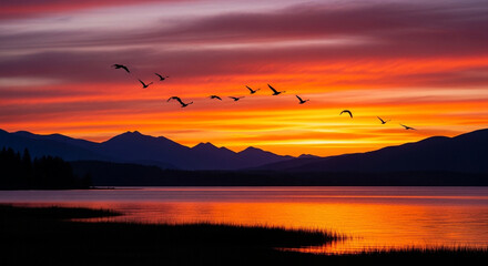 Scenic sunset over a tranquil lake with silhouetted mountains and a flock of birds flying across the vibrant orange and purple sky, reflecting on the water