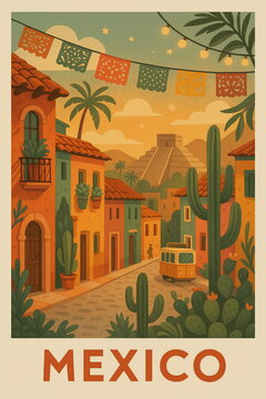 Vintage style travel illustration of Mexico  featuring iconic architecture, cozy streets and warm retro tones, detailed scenic composition perfect for tourism, wall art, posters, postcards
