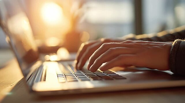 Typing on laptop keyboard for work from home productivity and online business