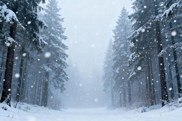 Snowy forest with falling snowflakes