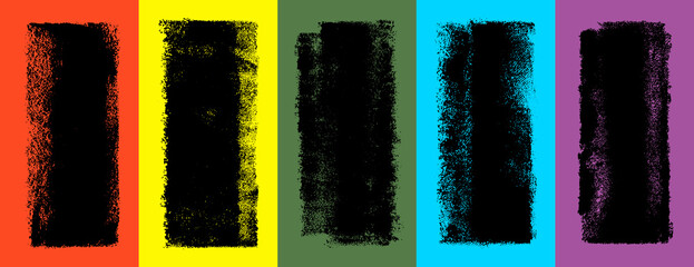 Linocut roller paint. Black ink linocut print. Text frame rough texture. Lino cut rectangle on color rainbow background. Printmaking letterpress stamp bg. Paint handmade vector shape. Ink roller print