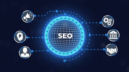 Digital SEO concept with glowing icons and network connections on dark background search engine  - Powered by Adobe