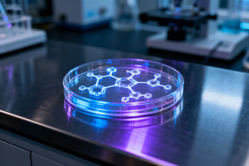 Laboratory petri dish with glowing molecular structure