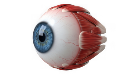 Anatomical eye model with muscles isolated on transparent background, close up view