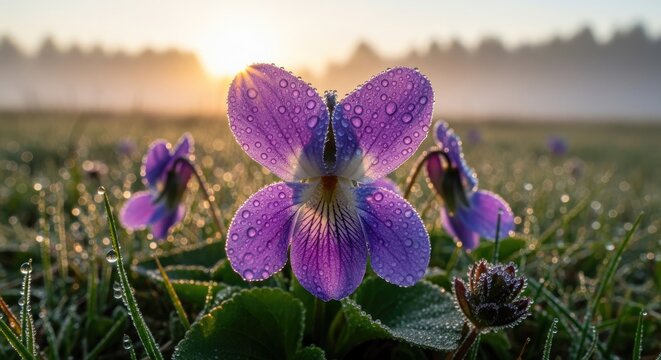 Purple wildflower with dew drops in a meadow at sunrise.