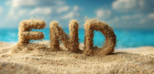Dramatic sand sculpture spells 'END' on a sunny beach, suggesting finality, conclusion or the beauty of impermanence by the sea