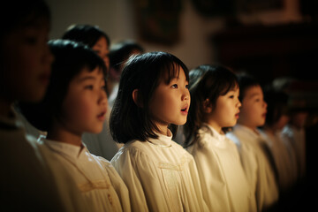 Children choir singing in church ceremony