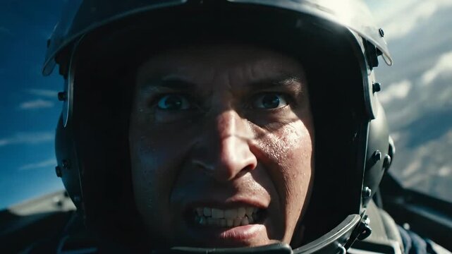 Intense Pilot in a Fighter Jet During a Dramatic Flight Scene