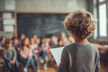 School child delivering presentation to classmates