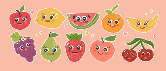 Cute Kawaii Fruits Stickers Set. Hand drawn cartoon fruit characters collection of lemon, cherry, watermelon, apple, strawberry, orange, banana. Flat vector illustration of healthy food