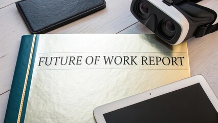 Detailed Analysis of Future of Work Report Document Alongside Virtual Reality Headset and Digital Devices on Wooden Table