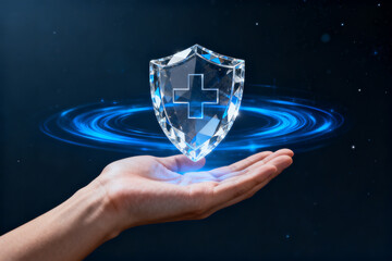 Hand holding glowing shield with cross