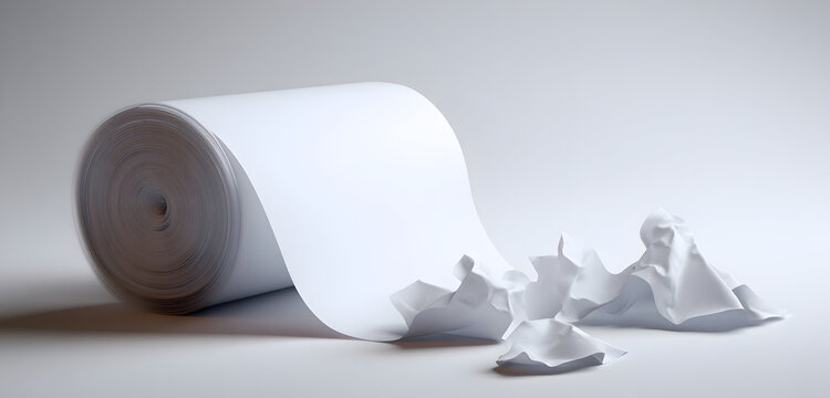 Creative process concept with a roll of white paper unraveled on a white surface symbolizing freedom, ideas, and new beginnings for brands and designers