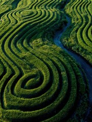 Intricate Patterns of Lush Green Rice Paddies Winding Alongside a Serene Waterway in a Rural Landscape During Daytime