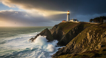 Dramatic coastal landscape featuring a lighthouse on a rocky headland, with waves crashing against the cliffs under a stormy sky, illuminated by a beam of light