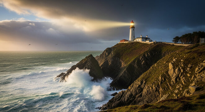 Dramatic coastal landscape featuring a lighthouse on a rocky headland, with waves crashing against the cliffs under a stormy sky, illuminated by a beam of light - Powered by Adobe