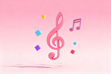 Musical notes and treble clef on pink background