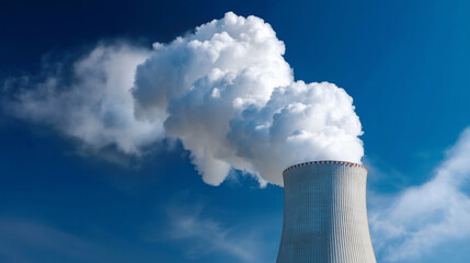 Cooling tower with vapor trail under deep blue sky showing industrial emissions