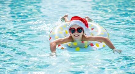 Joyful child wearing santa hat floats in pool with festive decorations