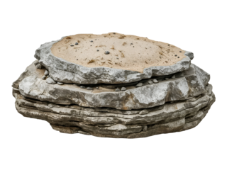 Layered sedimentary rock formation with sand and pebbles isolated on a transparent background