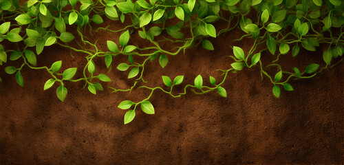 Vibrant green vines gracefully cascade over rich brown earth, creating a stunning natural background perfect for eco-friendly and organic product promotion