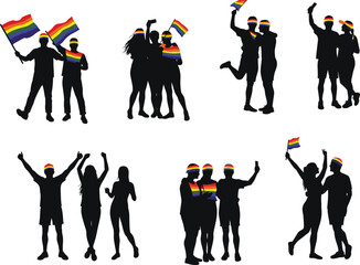 LGBTQ+ pride celebration vector illustration with rainbow flags, joyful people, diversity, inclusion, equality, silhouette art and festive unity scene