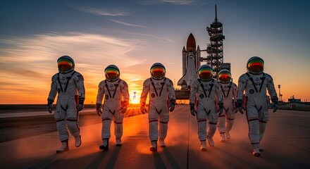 Five astronauts in spacesuits walking towards a space shuttle on a launchpad at sunset.