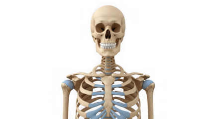 Human skeleton upper body isolated on transparent background for anatomy study
