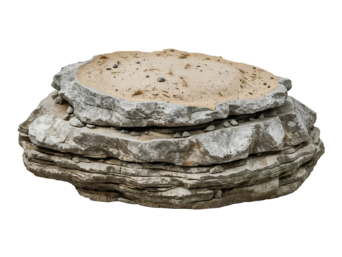 Layered sedimentary rock formation with sand and pebbles isolated on a transparent background