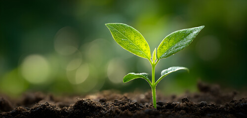 Vibrant green sprout emerging from rich soil symbolizes growth and renewal for sustainable business and environmental responsibility initiatives