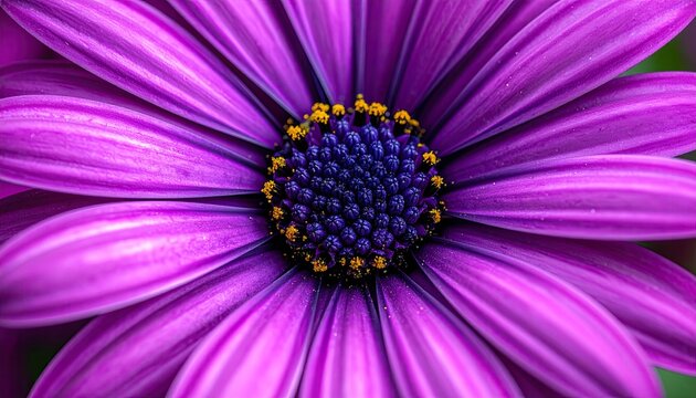 Macro Shot of a Vivid Purple Daisy with Yellow Center Details and Textured Petals in Sharp Focus with Dark Background during Daylight