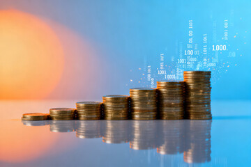 Stacks of coins with binary code