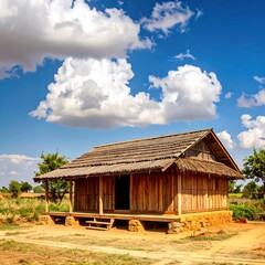 Rustic wooden house under a vibrant sky