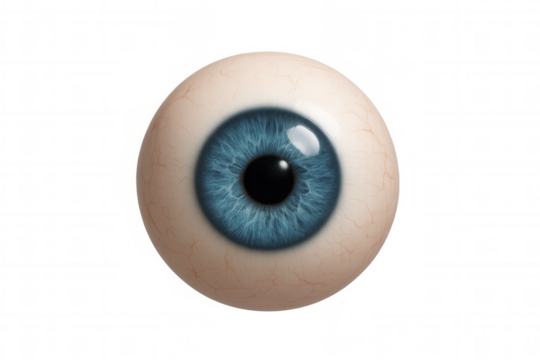 Eyeball with blue iris and pupil on transparent background, human eye anatomy, vision and sight medical concept