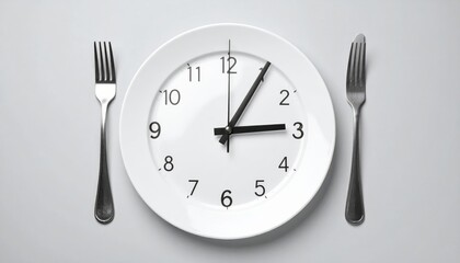 White Plate with Clock Face and Cutlery Hands Symbolizing Mealtime
